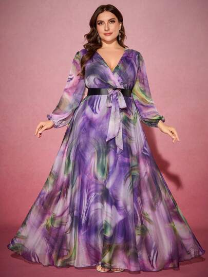 大码女式随机花卉印花仿皮腰带交叉领灯笼袖优雅长裙