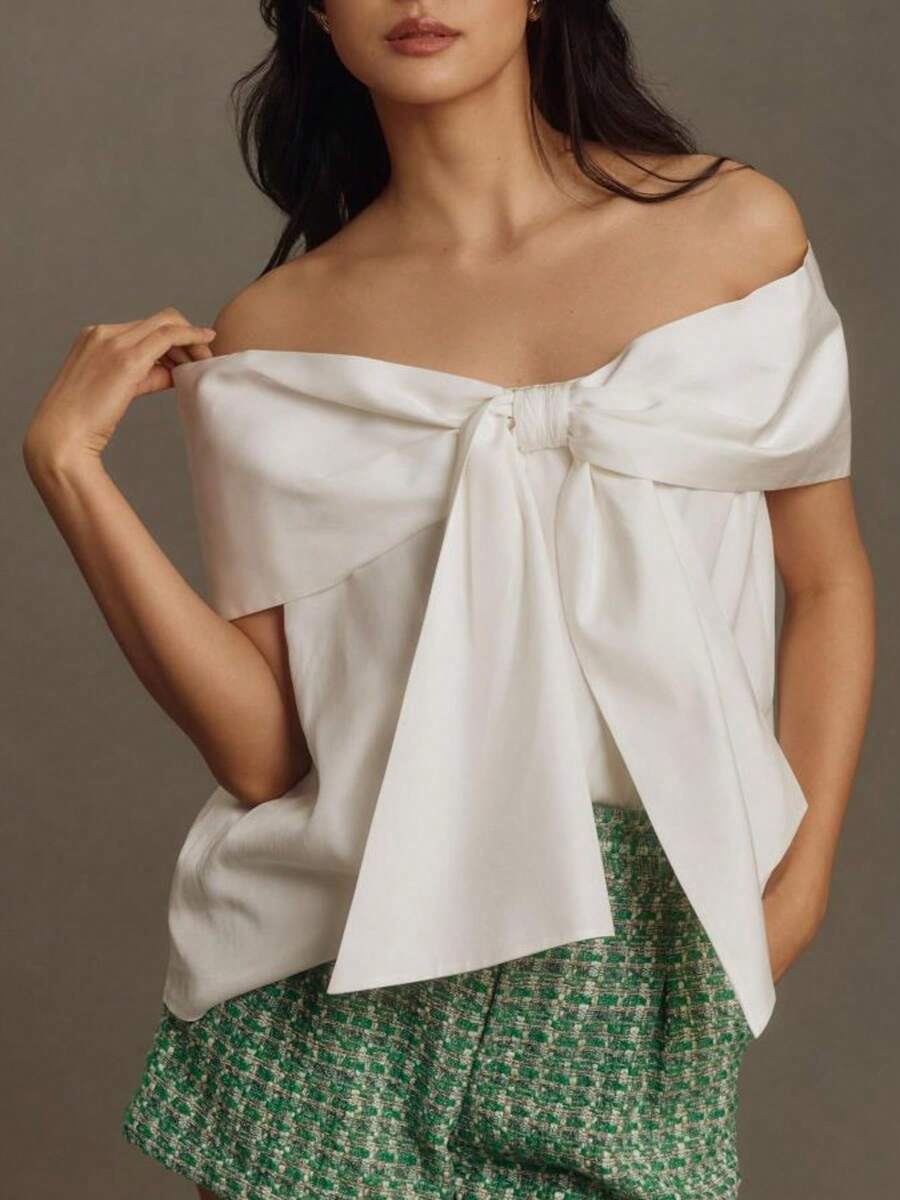 Women Bow Tops Elegant Off The Shoulder Short Sleeve Crop T-Shirts Summer Streetwear - trắng - Xem 1