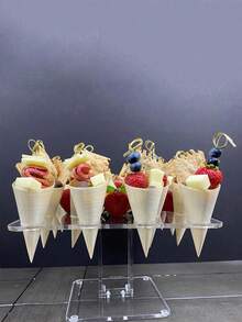 10 piezas de soportes de cono de madera con 100 piezas de pinchos para frutas, adecuados para aperitivos, alimentos para el dedo, frutas, postres y helados, ideales para aperitivos, fiestas y reuniones - Multicolor - Ver 3