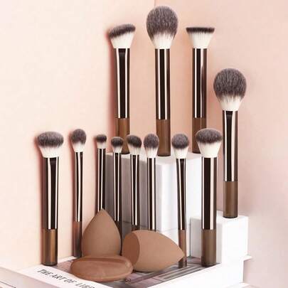 12pcs Multi-Functional Makeup Brush Set Including Powder Brush, Blush Brush, Foundation Brush, Eyeshadow Brush, Blending Brush, Contour Brush, Along With An Oblique Cut Makeup Sponge, Rounded Makeup Sponge, And White Powder Puff