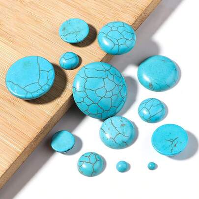 10pcs/Pack Natural Round Shape Blue Turquoise Gemstone Cabochons, Multiple Styles & Sizes, Vintage Chic Handmade DIY Jewellery Decor Stones, Suitable For Necklace Rings Bracelet Jewelry Making