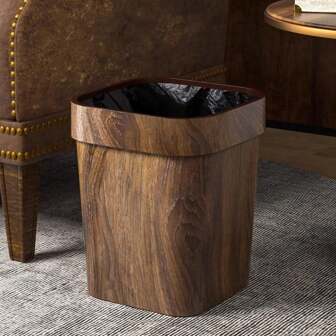 1pc Vintage Faux Wood Grain Trash Can, Household Kitchen Bathroom Garbage Bin, Creative Living Room Bedroom Office Large Luxury Trash Can (Minor Defect On Machine Pressing Circle, Sensitive Buyers Please Avoid)