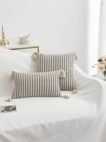 1 pieza/2 piezas Fundas de cojín con estampado de rayas grises y blancas, de tela de lona de algodón, con diseño de flecos en las cuatro esquinas, efecto bicolor, estilo nórdico para sala de estar, sofá, dormitorio, 30*50cm, 45*45cm