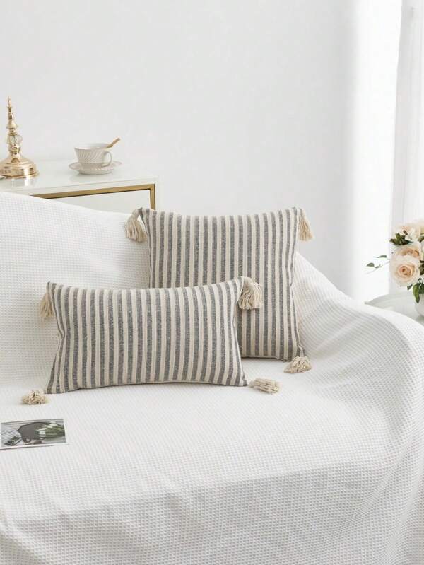 1 pieza/2 piezas Fundas de almohada con diseño de rayas gris y blanco, de tela de algodón canvas, con borlas en las cuatro esquinas, patchwork de colores contrastantes, estilo nórdico para sala de estar, sofá, dormitorio, 30*50cm 45*45cm, para todas las estaciones.