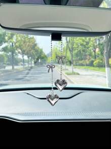 Creative Silver Heart Car Pendant, Bowknot Hanging Car Rear View Mirror Decor