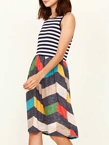 Boho Vintage Chevron Stripe Pink Yellow Navy Sleeveless Mini Poolside Cover Up Dress Small To 3 XL Plus - Sọc xanh nước biển - Xem 2