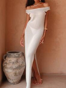 纯色优雅侧开衩露肩沙滩裙，夏季 - 白色 - 查看 1