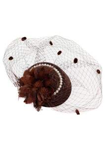1 Stück Damenhut im europäischen und amerikanischen Stil mit Perlen, Retro Kopfschmuck mit Schleier und Federschmuck, Braut Haaraccessoire