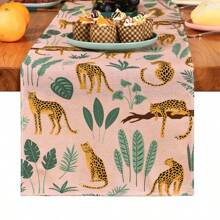 1pc Green Plant & Leopard Printed Table Runner, Suitable For Festivals, Parties, Birthdays, Dinners, Kitchen, Dining Room, Room Decor, Home Textile Decoration, All Seasons