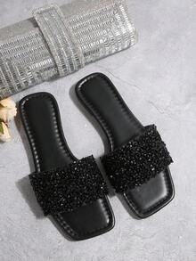 大码女式黑色水钻装饰一脚蹬凉鞋，奢华闪亮黑钻纯色拖鞋，轻便休闲户外拖鞋 - 黑色 - 查看 6