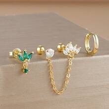 Set de 3 piezas de aretes de aro abrazador con flores de circonita chapadas en oro de 18K, aretes de cartílago Helix Daith de doble orificio con cadena, regalo de joyería para niñas - Flor3 - Ver 5