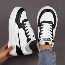 Unisex Sneakers, Versatile Lace Up Low Top Shoes For Outdoor Sports, Walking, Black & White, Plus Size