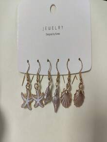 3 对海星、贝壳、蜗牛形油滴耳环套装，女士可爱海滩度假珠宝套装