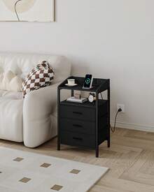 Hzuaneri Bedside Table With LED Lights And Charging Station, Side Table With 3 Fabric Drawers And Shelves, With USB Ports & Sockets, For Bedroom, Living Room - Black - View 2