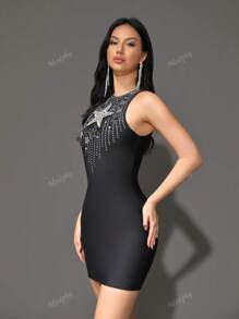 Modphy Vestido de cóctel negro sin mangas con tachuelas de moda de verano, vestido de Body ceñido y mini para mujer, vestido de fiesta
