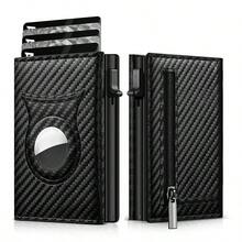 Customized Name Men's Carbon Fiber Magnetic Card Holder Leather RFID Tri-Fold Card Wallet With Zipper Smart Wallet AirTag Men's Wallet Mini Wallet Leather Wallet - Multicolor - View 2