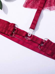 女士性感内衣套装聚拢吊袜带钢托文胸花朵刺绣2件套 - 酒紅 - 查看 9