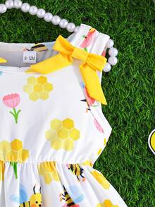 女宝宝可爱蝴蝶结花朵蜜蜂图案可爱甜美优雅连衣裙，夏季 - 黃色 - 查看 4