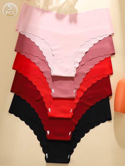 Set de 5 bragas sin costuras para mujeres, en unicolor rojo y negro, de tela cómoda y sexy con dobladillo ondulado