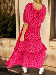 Women Maternity Plaid Ruch Tiered Maxi Dresses Short Puff Sleeve Square Neck Loose Long Dress Flowy A-Line Sundress - Màu Hồng Tươi - Xem 6
