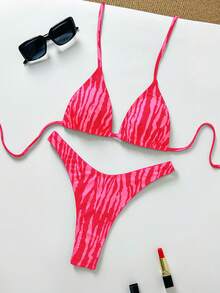 Randigt tryckt badkläder för kvinnor för sommardagar, från poolen till stranden, vardagliga mini triangelbikinis med fräckt strandplagg - Skrikrosa - Visa 3