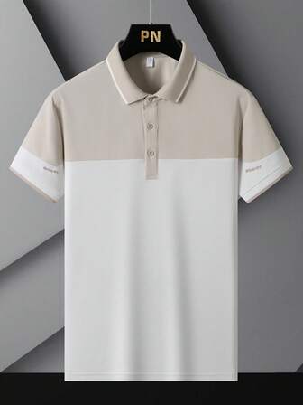 Men's Casual Polo Shirt Short Sleeve With Letter Embroidery Contrast Color Cuffs