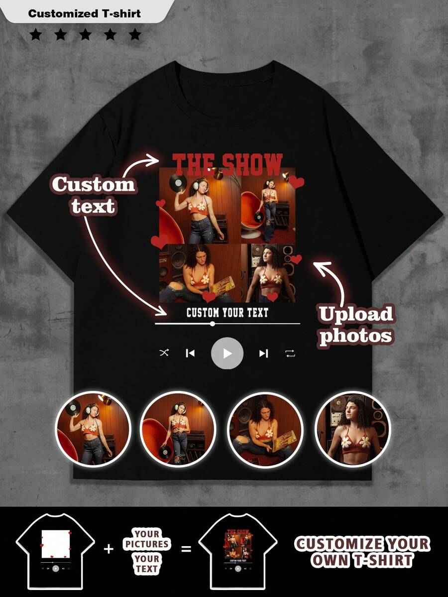 Customized "Music Festival" Photo T-Shirt For Men - Customize Your Text, Photo, Name, Selfie/Baby/Friend/Idol/Couple/Family/Party/School/Sports/Pet Love Photo Print, Logo/Business/Company Gathering Uniform, Birthday Gift, Holiday Gift, Party Favor - Black - View 1