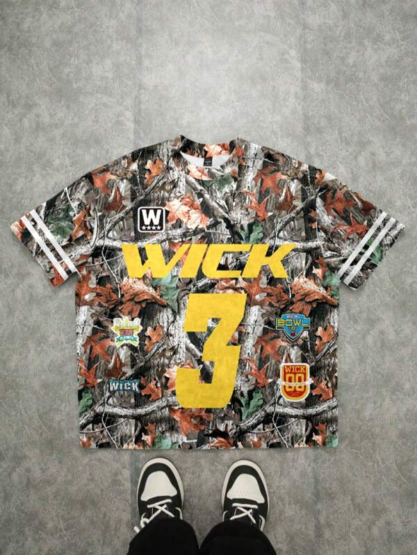 Camiseta casual de hombre de manga corta y cuello redondo con estampado de números para uso diario y paseo