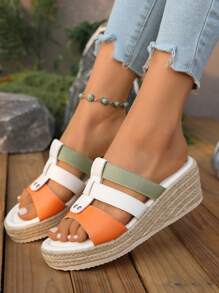 Women's Summer Fashion Platform Wedge Sandals With Modern Color Block Patchwork Strap Upper, Rivet Decor, Rope Sole, Comfortable, Elegant Classic Casual Vacation Chic Platform Sandals