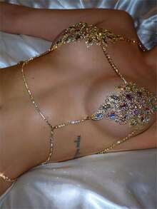 性感水钻花形身体链女士沙滩比基尼配饰 - 金色 - 查看 7