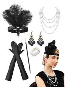 D EXCEED 4/5/6PCS Women's 1920s Flapper Accessories Retro Party Props Gatsby Charleston Feather Headwear Faux Pearl Necklace Earrings With Long Gloves, Suitable For Women's Halloween Party Dress Accessories - Multicolor - View 31