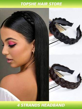 Diadema con 4 mechones de cabello sintético trenzado, diadema trenzada con dientes, accesorio de belleza, diadema elástica trenzada, postizo para el cabello para mujeres