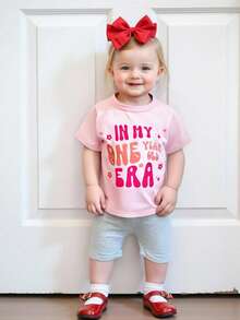 Baby Girl 1st Birthday Outfit Letter Print Short Sleeve Round Neck Tops With Solid Color Shorts 2Pcs Set - 粉色 - 查看 5