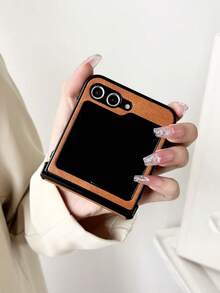 Compatible With Samsung Galaxy Z Flip 6 5 4 3 Case Luxury Faux Leather Hinge All-Inclusive Folding Shockproof Protective Hard Back Cover Waterproof Anti-Fall Scratch Resistant - Light Brown - View 3