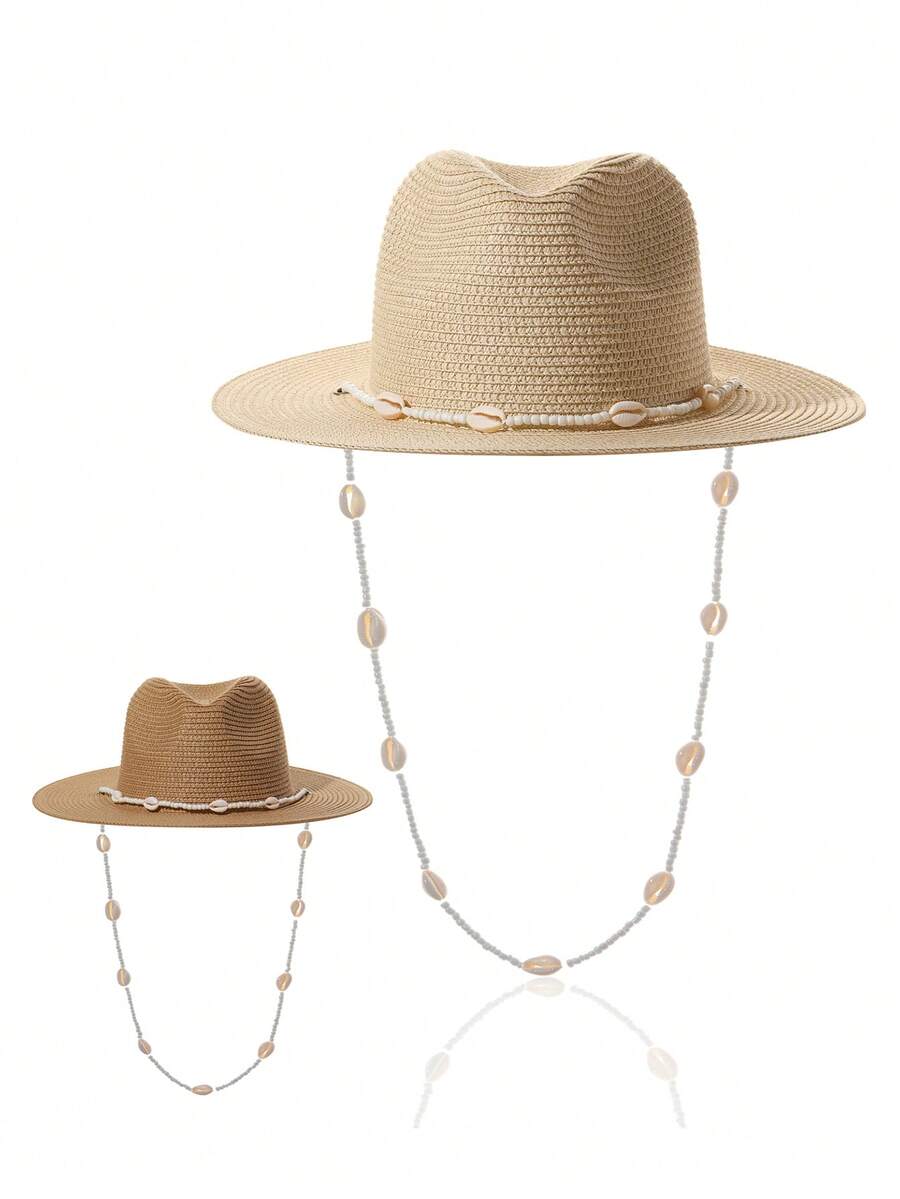 1pc Unisex Shell Chain Decor Boho Jazz Panama Hat Sun Visor Hat Beach Hat Jazz Panama Hat Straw Hat Suitable For Party - Multicolor - View 1