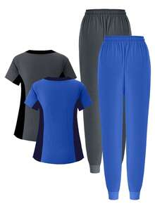 (Four-Piece Set) Scrubs Uniform Women's Running Matte Elastic Sports Nurse  Uniform Wash Clothes Work Clothes Breathable Scrub Shirt - 藍色 - 查看 2