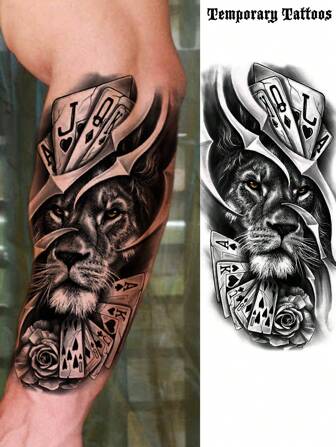 1 Sheet Chicano Poker Lion Temporary Tattoos For Women Men Arm Thigh Legs Forearm, Realistic Waterproof Fake Tattoo Stickers, Long Lasting Temp Half Arm Sleeve Tattoos For Adults