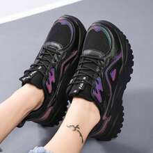 Women's Casual Sports Shoes, Mesh Breathable Reflective Lace-Up Soft Sole Comfortable Thick Sole Anti-Slip Increase Height Retro Chunky Sneakers,Lightweight Low-Top Outdoor Hiking Walking Running Shoes - Black - View 1