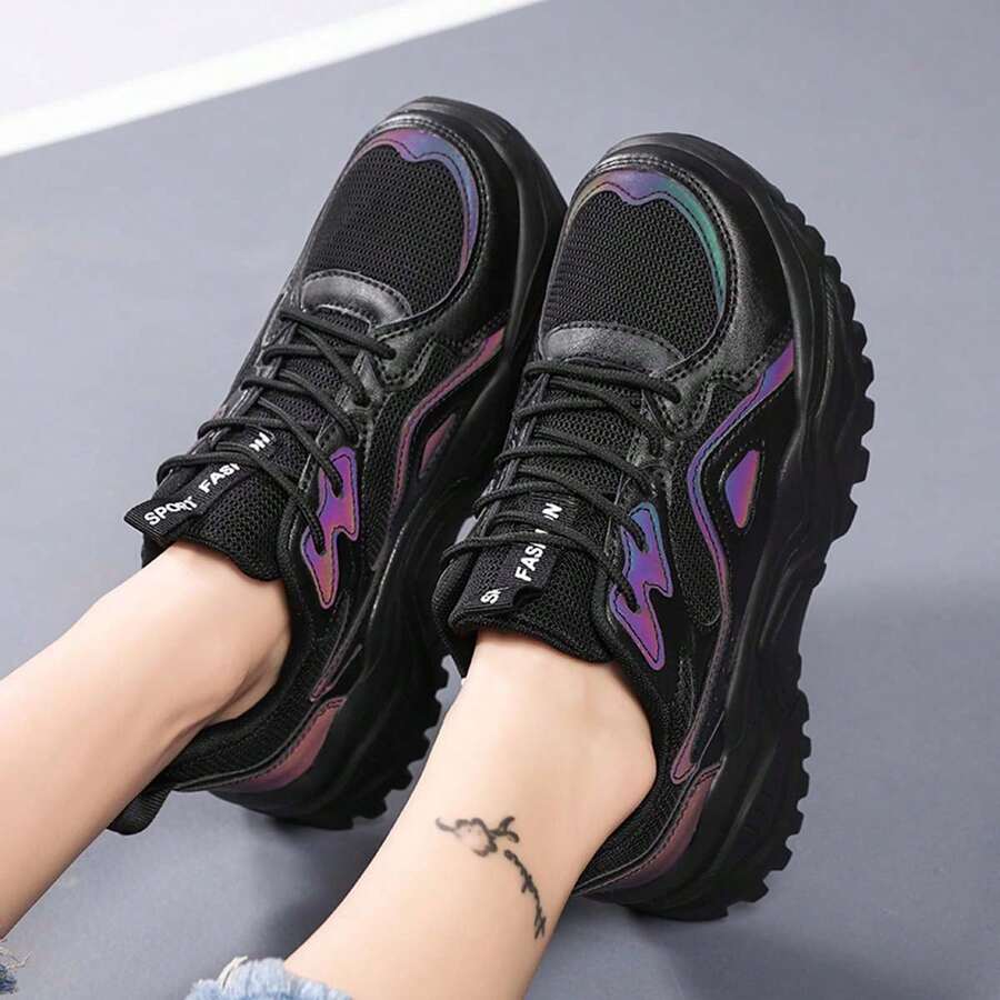 Women's Casual Sports Shoes, Mesh Breathable Reflective Lace-Up Soft Sole Comfortable Thick Sole Anti-Slip Increase Height Retro Chunky Sneakers,Lightweight Low-Top Outdoor Hiking Walking Running Shoes - Black - View 1