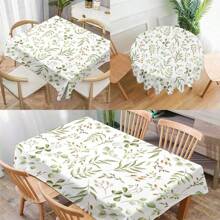 1pc Green Leaf Print Geometric Pattern Tablecloth, Modern Polyester Rectangular & Round Waterproof Tablecloth, Digital Printing Suitable For Living Room, Outdoor Dining, Small Round Table