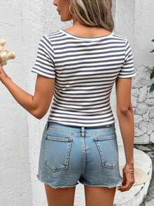 Camiseta de manga corta a rayas sencilla y versátil de moda de primavera y verano para mujer. - Gris - Ver 2