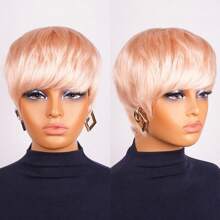 Meat Pink Color Short Straight Pixie Bob Brazilian Remy Human Hair Wig For Women In Coral Pink Glueless Design Layered Pixie Human Hair Perfect For Cosplay.180% Density 4 Inch