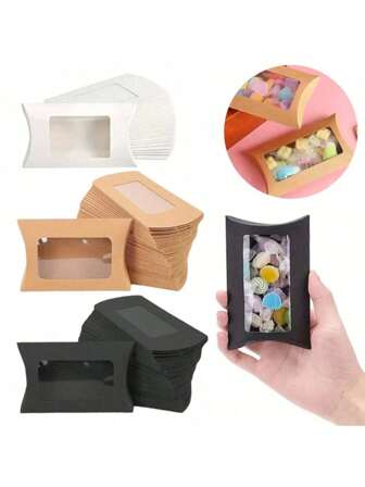 50 pièces Boîtes cadeaux en papier kraft avec fenêtre, boîtes d'emballage pour bonbons, bijoux, artisanat pour fête, mariage, anniversaire, Noël, Halloween (noir, blanc, marron)