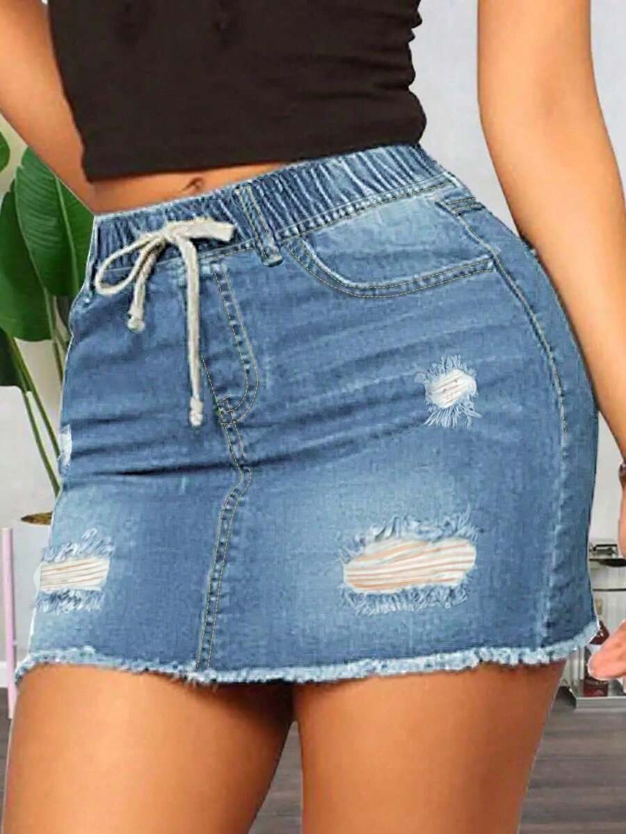 Women's Ripped Elastic Waist Fitted Denim  Skirt - 淺色水洗藍 - 查看 1
