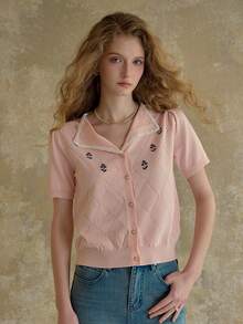 Simple Retro 春夏粉色羊毛开衫，钻石图案，花卉刺绣和