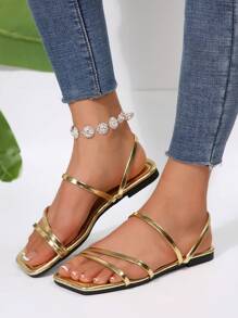 Women's Fashion Square Toe Multi-Strap Woven Flat Sandals, Suitable For Shopping, Dating, Vacation, Home Leisure, Commuting, Party In Summer/Autumn
