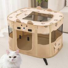1pc Beige Color Foldable & Portable Pet Playpen, 600D Waterproof Oxford Cloth + Breathable Mesh, Indoor/Outdoor Cat Dog Use, Pet Nest Whelping Box For Camping, Easy To Store And Carry