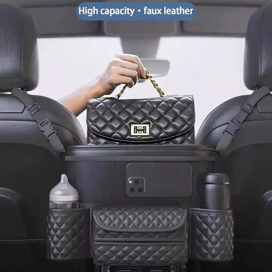 Car Net Pocket Handbag Holder Between Seats, Large Capacity Plaid Faux Leather Purse Holder And Multi-Function Automotive Organizer And Storage For Car Center Console, Black