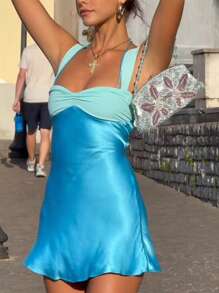 Summer Sexy Spaghetti Strap V Neck Halter Backless Bodycon Dress Elegant Stain Dress Blue Short Dress Evening Cocktail Party Dress For Women