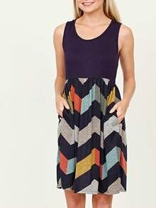 Boho Vintage Chevron Stripe Pink Yellow Navy Sleeveless Mini Poolside Cover Up Dress Small To 3 XL Plus - Hải quân B - Xem 2